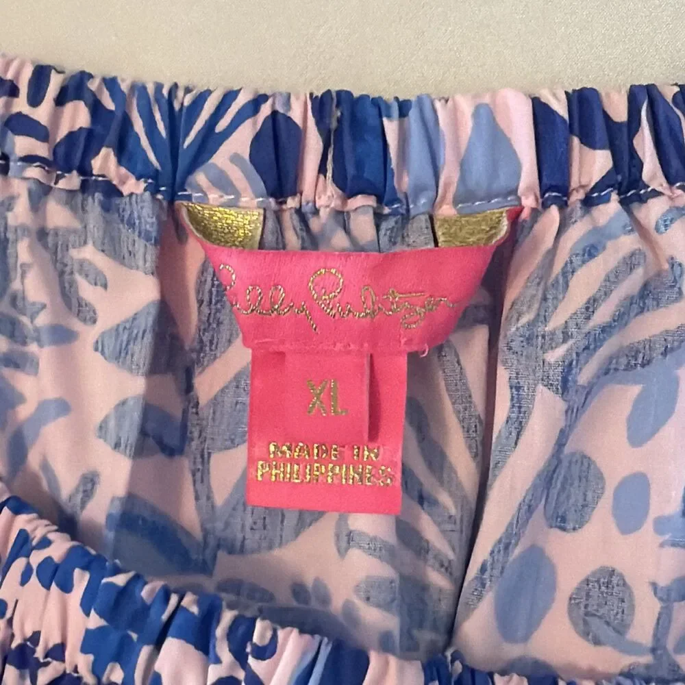 Lilly Pulitzer Off The Shoulder Top Sz XL Frankee Puff Sleeve Pink Blue Sea NWOT